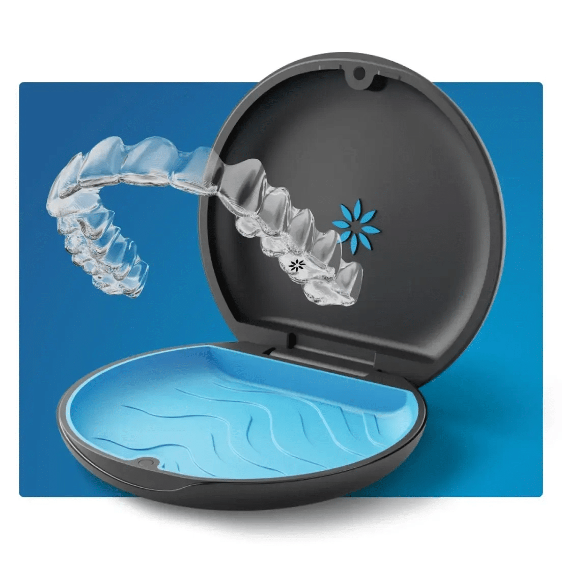 Invisalign clear aligners and protective storage case used for discreet teeth straightening and smile correction.